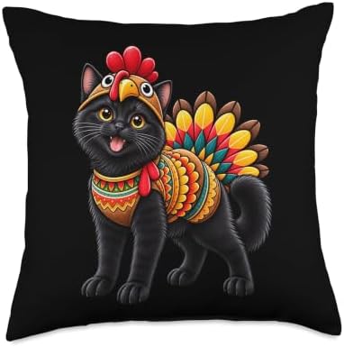 Funny Black Cat Turkey Costume Thanksgiving Mom Dad Throw Pillow by Unknown