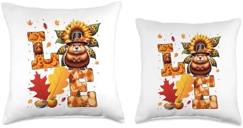 LOVE Thanksgiving Muskrat Fall Leaves Sunflower Animal Lover Throw Pillow - Image 3