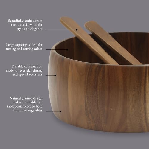 Gibson Home Laurelton 3-Piece Acacia Wood Salad Serving Bowl Set – Large 13-Inch Bowl with 2 Serving Tools - Image 4