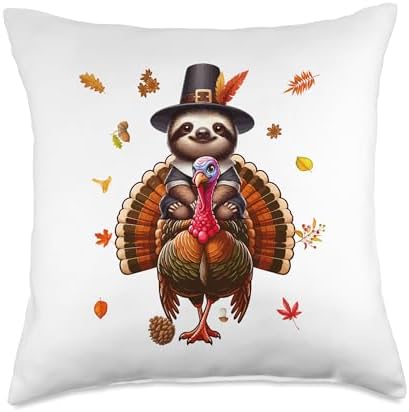 Sloth Riding Turkey Thanksgiving Fall Leaves Owner Kids Throw Pillow by Unknown