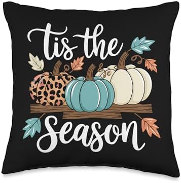 Tis the Season Thanksgiving Halloween Funny Leopard Pumpkin Throw Pillow by Unknown