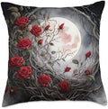 Moon Red Rose Halloween Floral Moon Red Rose Gothic Halloween Flowers Night Goth Floral Throw Pillow, 18x18, Multicolor