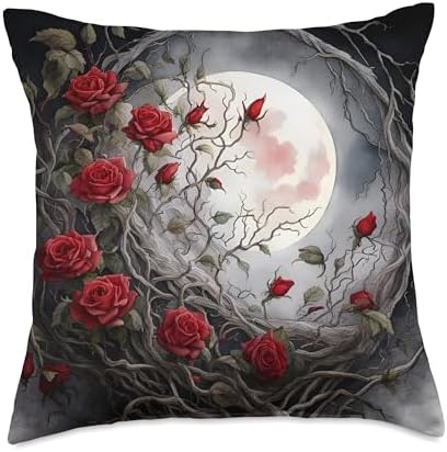 Moon Red Rose Halloween Floral Moon Red Rose Gothic Halloween Flowers Night Goth Floral Throw Pillow, 18x18, Multicolor