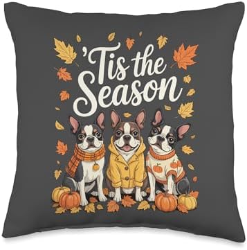 Tis The Season Boston Terrier Fall Autumn Pumpkin Dog Throw Pillow by Unknown