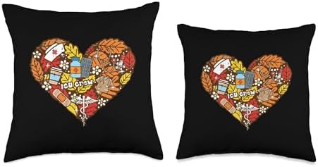 Thanksgiving ICU Nurse Crew Heart Fall Scrub Top Women Men Throw Pillow - Image 3