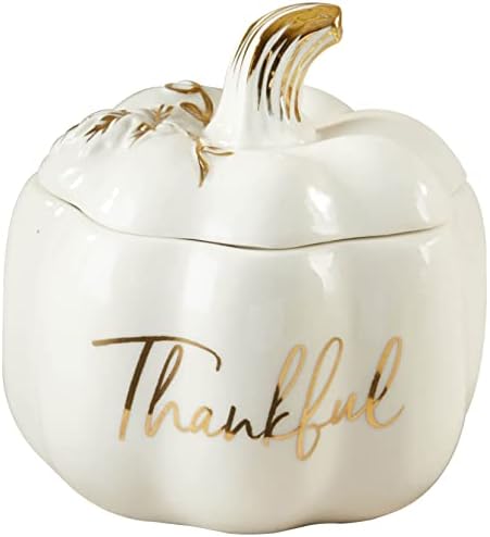Kate Aspen Thankful White Pumpkin Bowl - Ceramic Decorative Pumpkin Decor Candy Dish With Lid, Fall Candy Dish, Thanksgiving Bowl, Fall Decorations for Home, Kitchen Decor, Thanksgiving Decorations by KateAspen