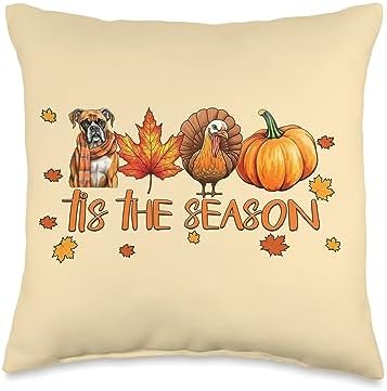 Cute Dog Thanksgiving Fall Gifts for Her Tis The Season Boxer Dog Fall Thanksgiving Throw Pillow, 16x16, Multicolor by Unknown
