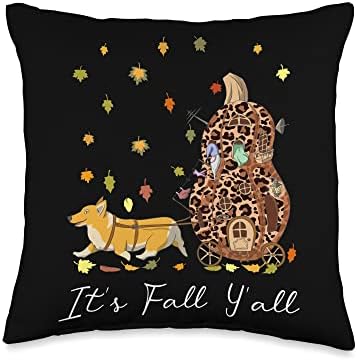 It's Fall Y'All Corgi, Gnome & Pumpkin Leopard Thanksgiving Throw Pillow by AliceRon