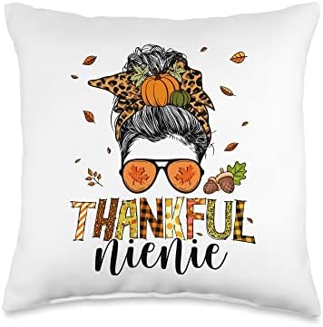 Thankful Nienie Thanksgiving Messy Bun One Thankful Nienie Leopard Messy Bun Thanksgiving Family Throw Pillow, 16x16, Multicolor by Unknown