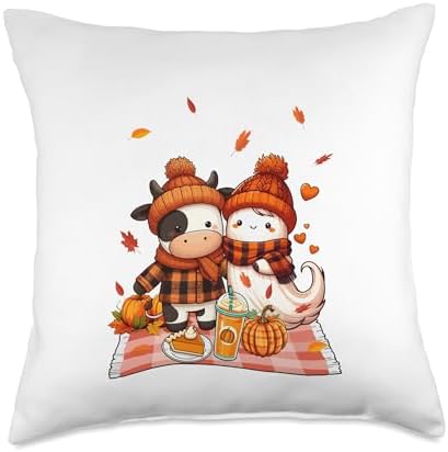 Cow with Boo Halloween Thanksgiving Fall Leaves Pumpkins Throw Pillow by Unknown