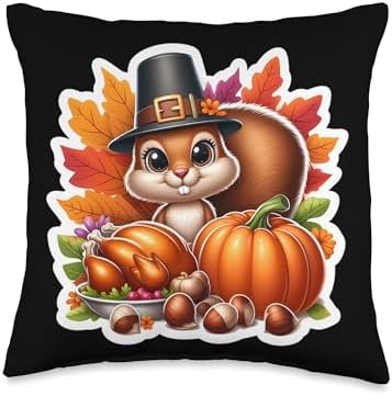 Thanksgiving Squirrel Fall Autumn Cottagecore Pumpkin Cute Throw Pillow by Unknown