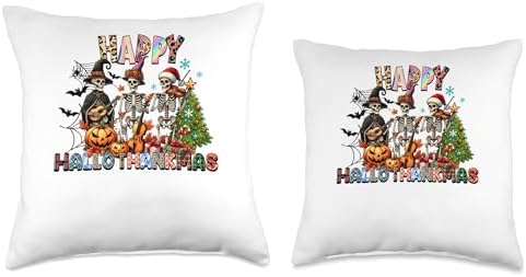 halloween thanksgiving christmas hallothanksmas Skeletons Throw Pillow - Image 3
