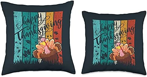 Vintage Happy Thanksgiving Pilgrim Turkey Family Matching Throw Pillow - Image 3
