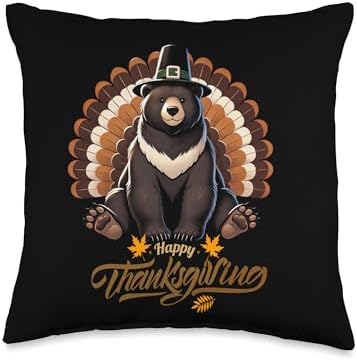 Funny Black Bear with Turkey Feathers Thanksgiving Throw Pillow by Unknown