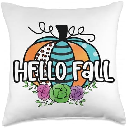 Hello Fall Pumpkin Patch Leopard Thanksgiving Halloween Fun Throw Pillow by Unknown