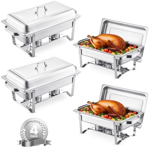 VEVOR Chafing Dish Buffet Set, 8 Qt 4 Pack, Stainless Chafer with 4 Full Size Pans, Rectangle Catering Warmer Server with Lid Water Pan Folding Stand Fuel Tray Holder Spoon Clip by VEVOR