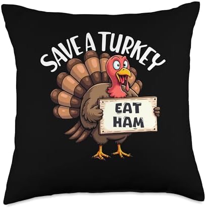 Save A Turkey Eat Ham Funny Thanksgiving Turkey Throw Pillow by Unknown