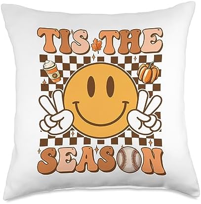 Fall Autumn Lover Smile Face Tis The Season Groovy Fall Thanksgiving Baseball Throw Pillow, 18x18, Multicolor by Unknown