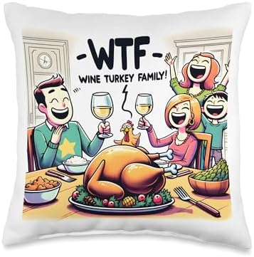 Cocorina WTF Wine Turkey Family Funny Thanksgiving Day Throw Pillow, 16x16, Multicolor by Unknown