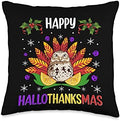Halloween Thanksgiving Christmas Owl Happy HalloThanksMas Throw Pillow by Unknown