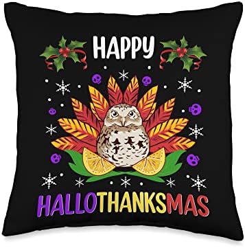 Halloween Thanksgiving Christmas Owl Happy HalloThanksMas Throw Pillow by Unknown