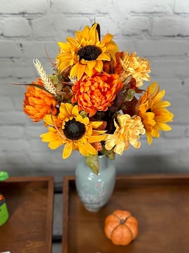 Admired By Nature Artificial Bouquet Bush 18 Stems of Mums, Sunflowers, Zinnia, Foliage (Gold/Orange) - for Fall Home Decor, Weddings, Events, Parties, Thanksgiving, Cemeteries, Funerals - Image 5