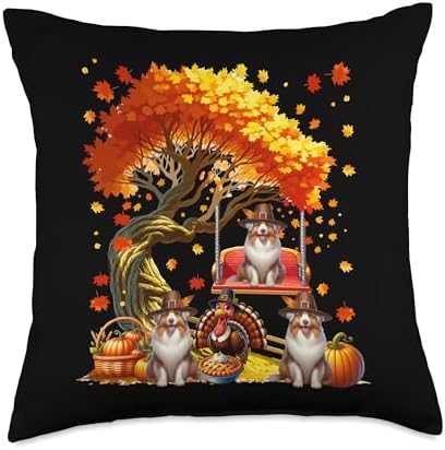 Three Cute Australian Shepherds Under Fall Tree Thanksgiving Throw Pillow by Unknown