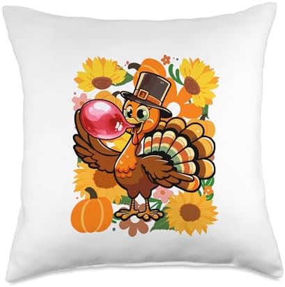 Sunflowers Turkey Blowing Bubble Thanksgiving Women Girl Throw Pillow by Unknown