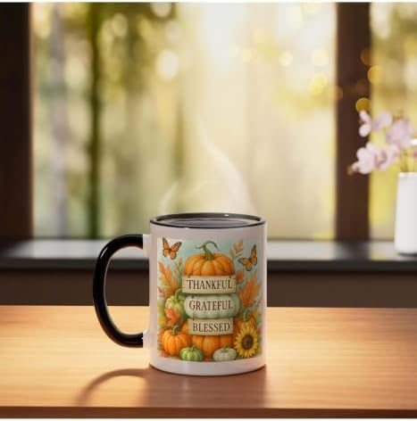 Thankful Grateful Blessed - Fall Pumpkin Family Thanksgiving Ceramic Mug, Black/White, 11oz - Image 3