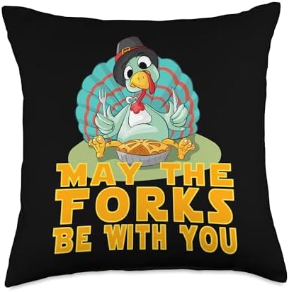 Cute Thanksgiving Turkey May The Forks Be with You Throw Pillow by Unknown