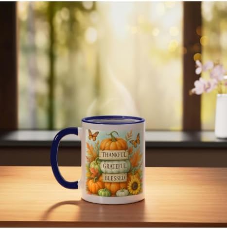 Thankful Grateful Blessed - Fall Pumpkin Family Thanksgiving Ceramic Mug, Dark Blue/White, 11oz - Image 3