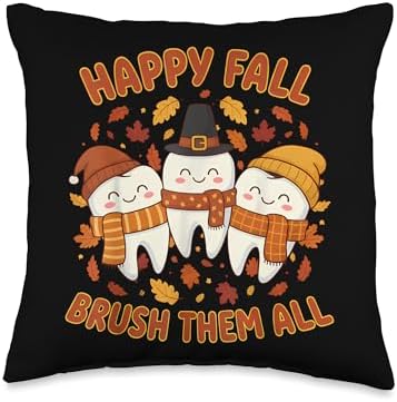 Happy Fall Brush Them All Teeth Dentist Thanksgiving Design Throw Pillow by Unknown