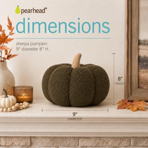 Pearhead Sherpa Pumpkin Pillow Decor, Modern Fall Home, 9", Olive Green - Image 3