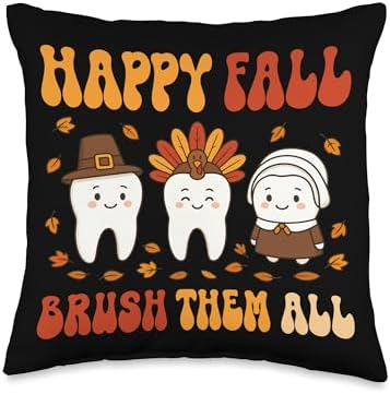 Happy Fall Brush Them All Funny Dentist Thanksgiving Humor Throw Pillow by Unknown