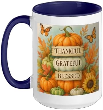 Thankful Grateful Blessed - Fall Pumpkin Family Thanksgiving Ceramic Mug, Dark Blue/White, 15oz by Unknown