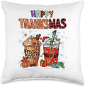 Funny Happy Thanksmas Thanksgiving Christmas Coffee Lover Throw Pillow by Unknown