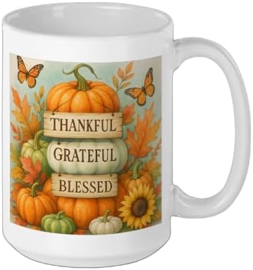 Thankful Grateful Blessed - Fall Pumpkin Family Thanksgiving Ceramic Mug, White, 15oz - Image 2