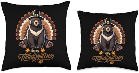 Funny Black Bear with Turkey Feathers Thanksgiving Throw Pillow - Image 3