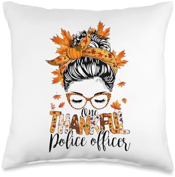 One Thankful Police Officer Messy Bun Fall Thanksgiving Cops Throw Pillow by Unknown