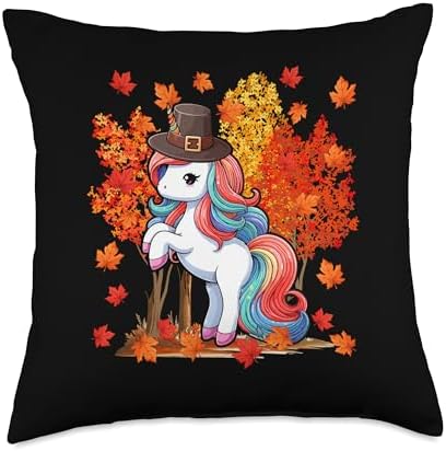 Unicorn Cute Pilgrim Thanksgiving Fall Tree Lover Kid Family Throw Pillow by Unknown