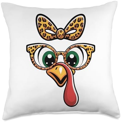 Thanksgiving Turkey Face Leopard Bow Glasses Women Girls Throw Pillow by Unknown