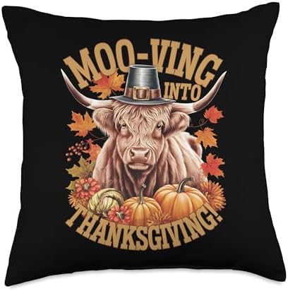 Moo-ving Into Thanksgiving Highland Cow Festive Throw Pillow by Unknown