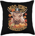 Moo-ving Into Thanksgiving Highland Cow Festive Throw Pillow by Unknown