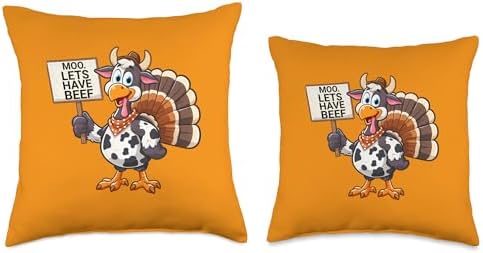 Holiday Laughter Designs Moo Lets Have Beef Humorous Thanksgiving Turkey Cow Costume Throw Pillow, 18x18, Multicolor - Image 3