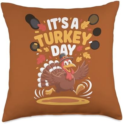 It’s A Turkey Day Funny Cute Cartoon Farm Bird Thanksgiving Throw Pillow by Unknown