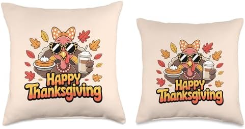 Turkey Drinking ice Coffee Thanksgiving Bow Women Turkey Day Throw Pillow - Image 3