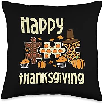 Happy Thanksgiving Autism Puzzle Leopard Women Girls Kids Throw Pillow by Unknown