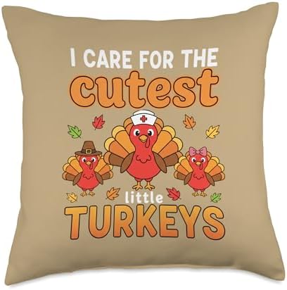 I Care for The Little Turkeys Nurse Turkey Thanksgiving Cute Throw Pillow by Unknown