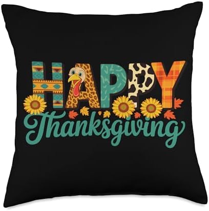Retro Happy Thanksgiving - Turkey Sunflower Leopard Print Throw Pillow by Unknown