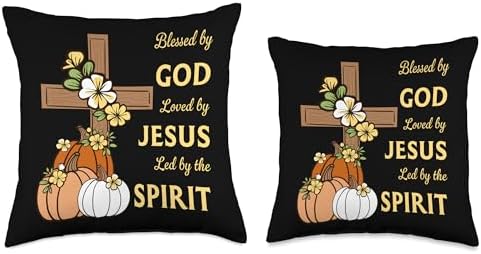 Blessed By God Loved By Jesus Thanksgiving Cross And Pumpkin Throw Pillow - Image 3